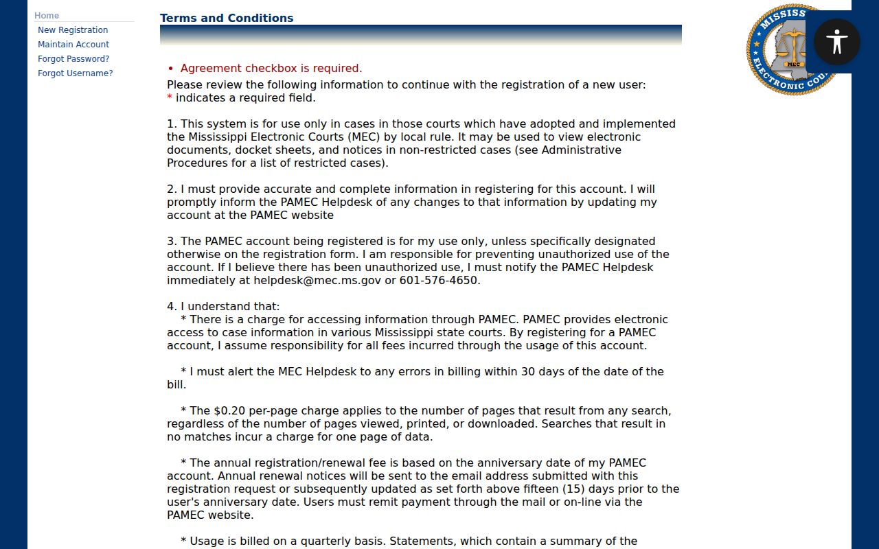 Forrest County case lookup PAMEC non-attorney terms and search payment rules