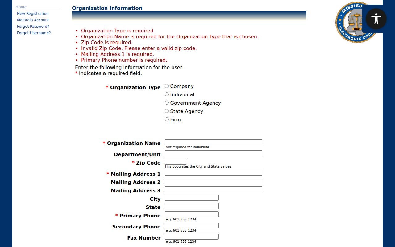 Forrest County case lookup PAMEC organization and contact fields