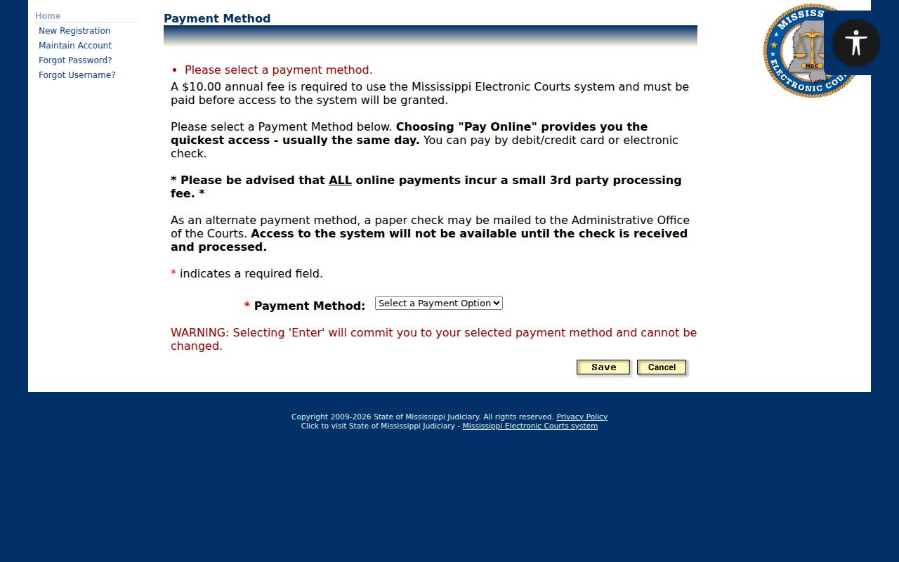 Forrest County case lookup PAMEC payment method choices