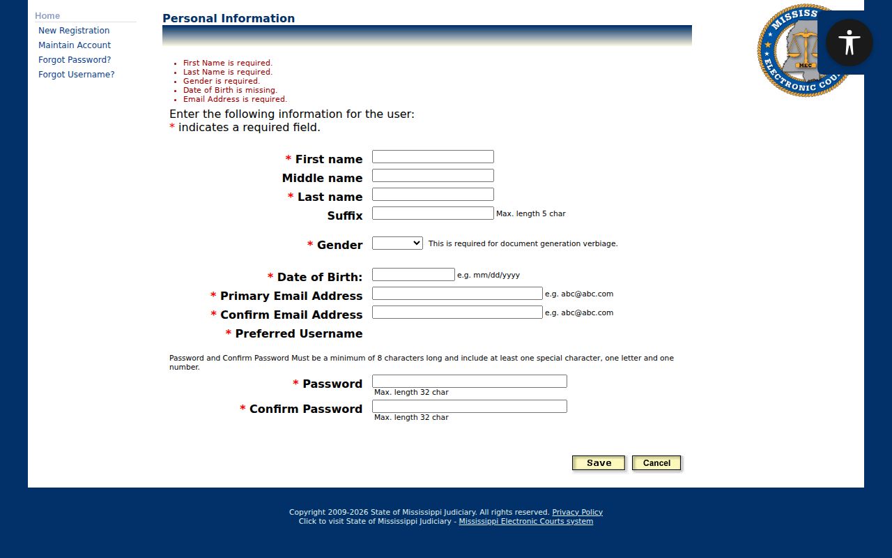 Forrest County case lookup PAMEC personal registration fields
