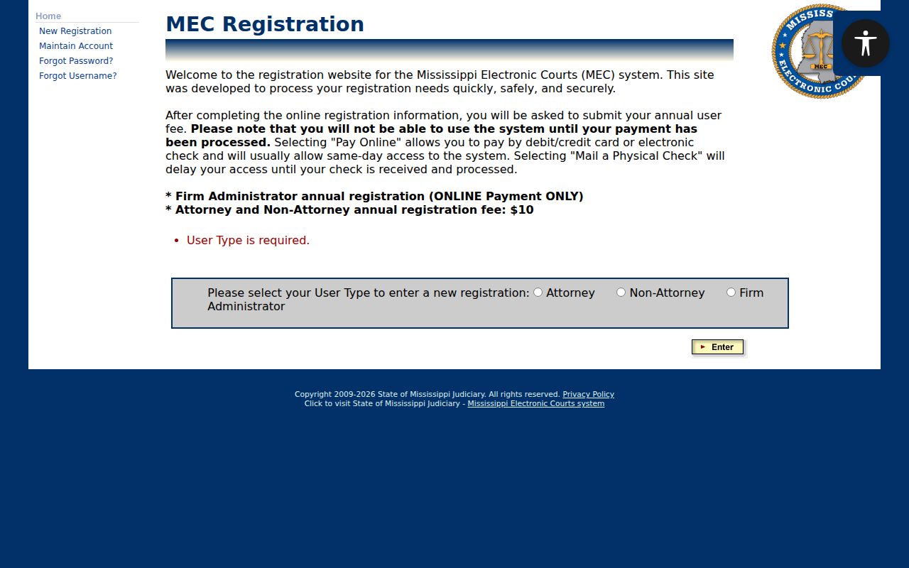Forrest County case lookup PAMEC registration and user type page