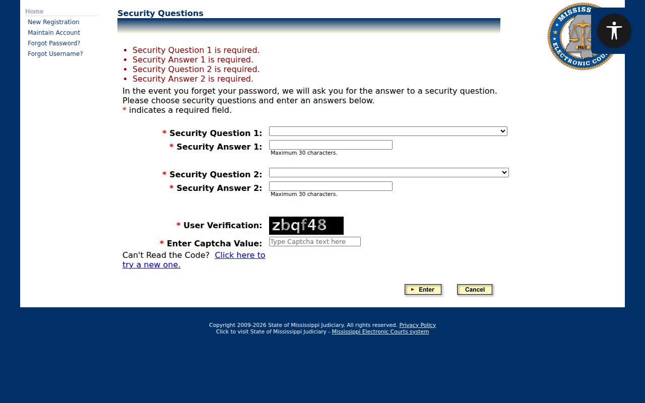 Forrest County case lookup PAMEC security questions and CAPTCHA fields