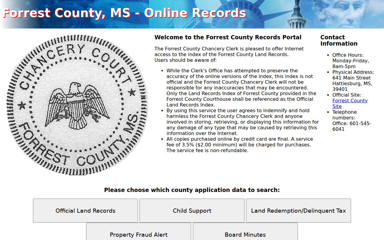 Forrest County civil docket land records portal and service fee context