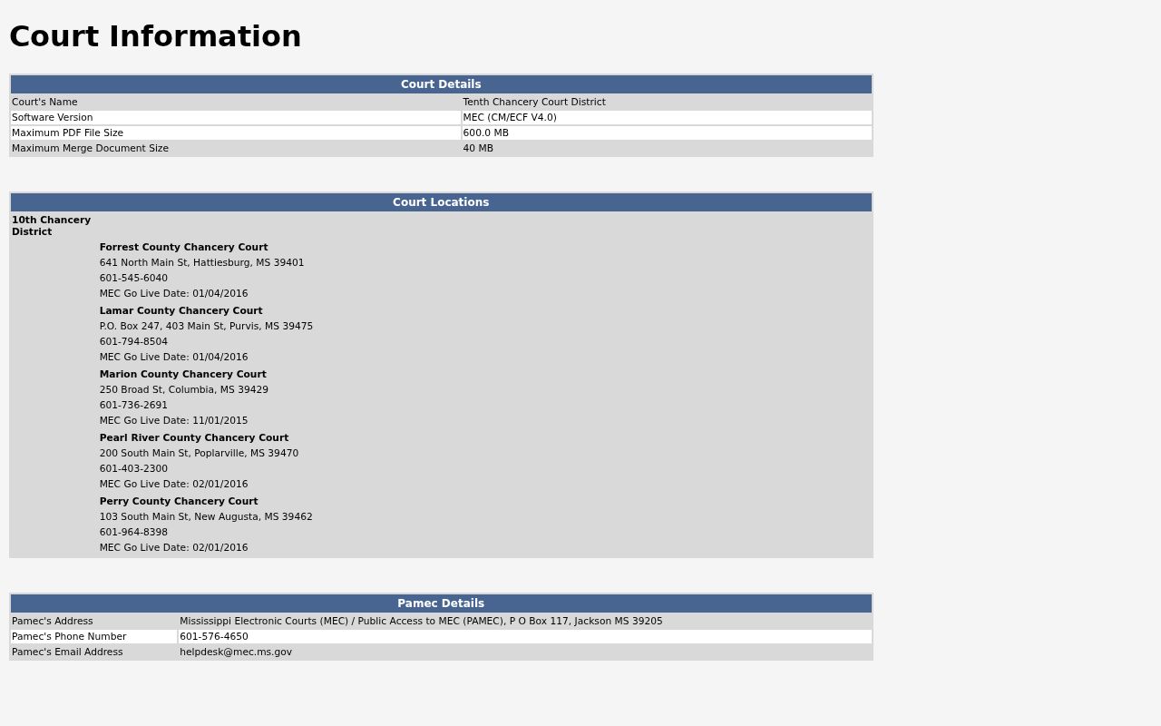 Forrest County civil docket 10th Chancery MEC Court Information page