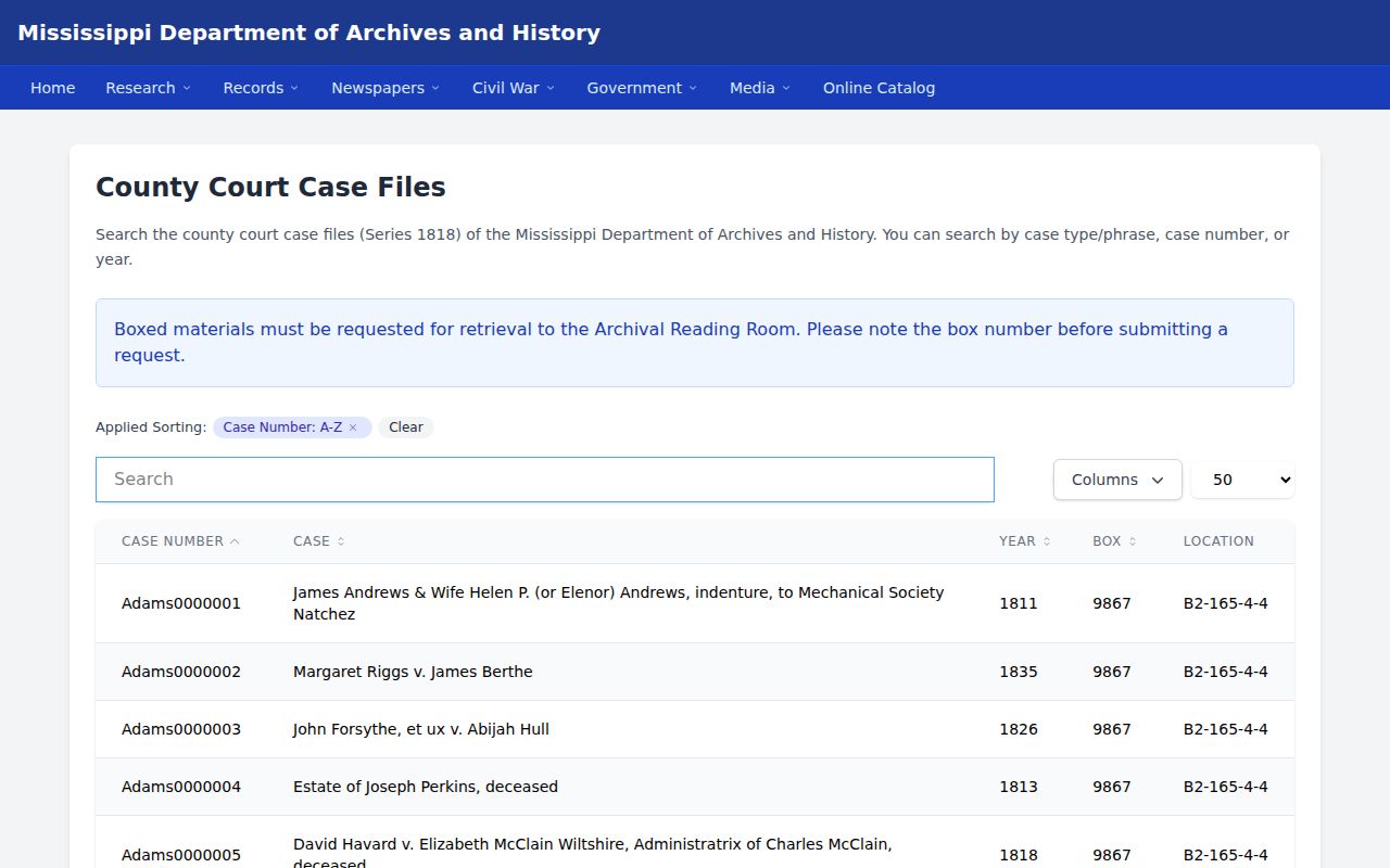 Forrest County civil docket historical MDAH County Court Case Files search