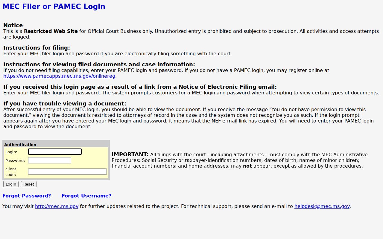 Forrest County criminal docket restricted MEC docket report endpoint